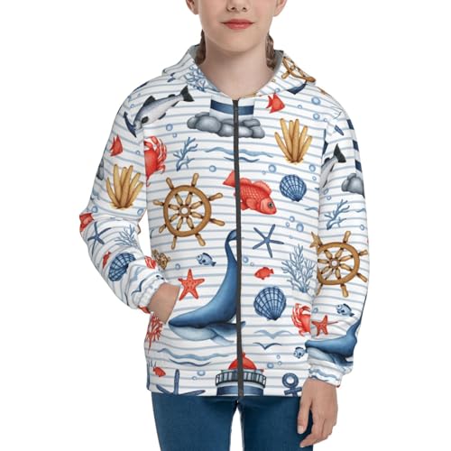 Watercolor Nautical Kid Hoodies Boys Zip Up Sweatshirts Girls Pullover with Pocket3