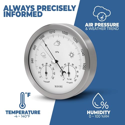 Mavori WSA ® 3In1 Weather Station Analog - Barometer, Hygrometer & Thermometer For Indoor - Ø 13,5Cm Stainless Steel Frame With Acrylic Glass - Great Barometers For Home - Barometric Pressure Gauge thumb #1