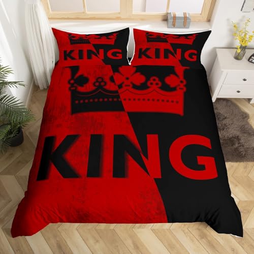 Erosebridal Conjunto de capa de edredom King Crown vintage, vermelho e preto, conjunto de cama romântico para casamento, rainha e presente de dia dos namorados, presentes de casal para ele e ela