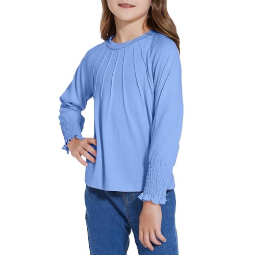 Girls Ruffle Smocked Long Sleeve Tops Dressy Casual Pleated Loose Crewneck Pullover Solid Tunic T-Shirts for 4-14Y 5