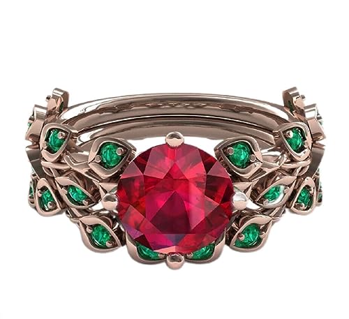 Round Cut Red Ruby & Green Emerald Women's Leaf Cluster Wedding Engagement Bridal Ring Set 925 Sterling Silver 14K Rose Gold Finish