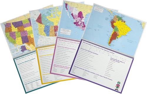 Sales4less Learning Educational Workbook Eight Geography Full Color Detailed Laminated Maps USA,World,Canada,Mexico,South America,Europe,Africa and Asia