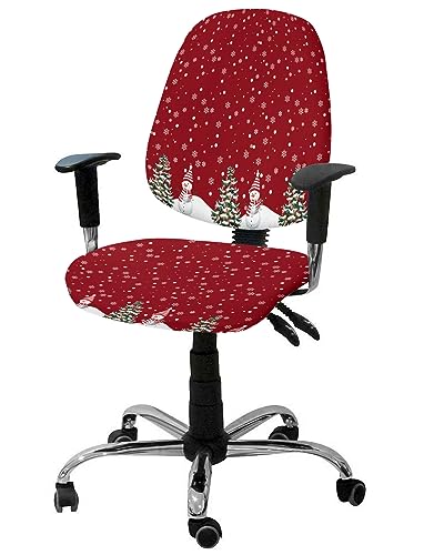 Double Love Red Christmas Snowflake 2 Pieces Computer Office Chair Covers Set, Stretchable Desk Rotating Chair Seat Cushion Slipcover Back Covers, Decorative Protectors Cover Winter Snowman Xmas Tree
