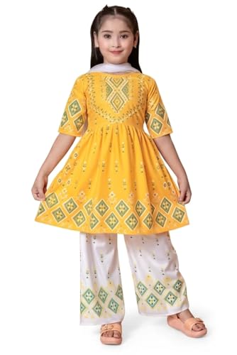 Image of Trend Ethnic Girls' Kurta & Palazzo Set, 100% Cotton, Full Sleeve, Solid Pattern, Classic Style, Relaxed Fit, Lightweight, Festival Wear