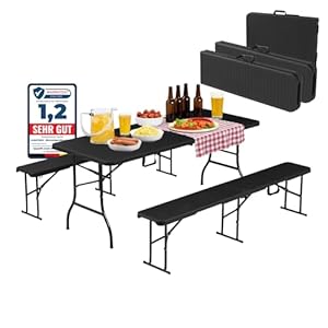 Albatros Bierzeltgarnitur 3-teilig – Tisch & 2 Bänke klappbar – Rattan-Optik, wetterfest, 10 Personen – Outdoor Sitzgruppe, 182 cm, belastbar bis 500 kg, schwarz