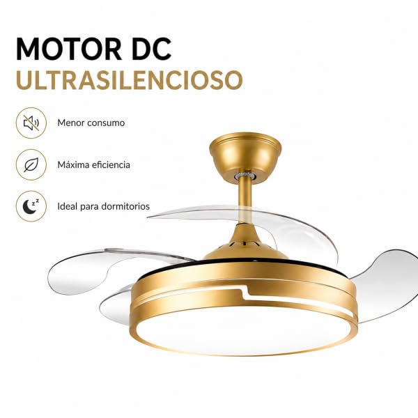 Bilake Ventilador de Techo con luz 72W | Silencioso Motor DC | Aspas retractiles Plegables | Lampara Ventilador de Techo Dorado Destro