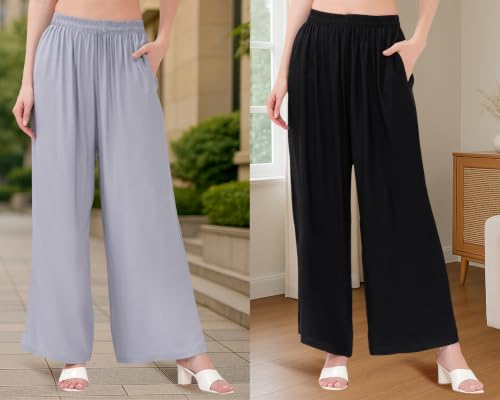 Image of Buy That Trendz Palazzo Pants for Women Rayon Elasticated Regular Fit Flared Wide Leg M to 6XL Pack of 2