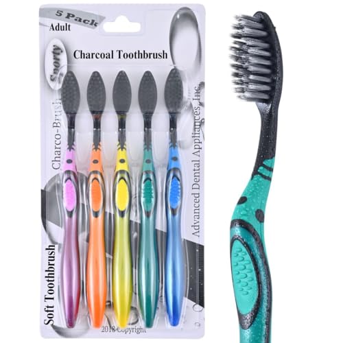 Image of ADA Cavity Defense Activated Charcoal Toothbrush 5 Pack Ultra-Soft Flosspick Bristle for Sensitive Teeth & Gums, Aids in Teeth Whitening, Extra Soft, Easy Grip (5 Count)