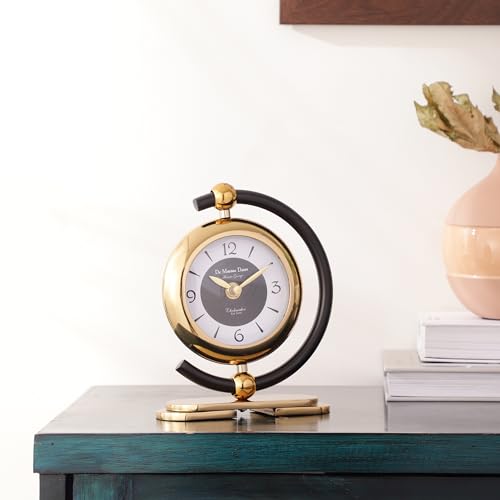 Image of Decor de Maison Brings Handcrafted Aleksi 3 Mini Table Clock for KidsRoom, Living Room, Bedroom, Study Table| Classic Non-Ticking Tabletop Battery Operated Analog Desk Clock in Gold & Black (15x5x8cm)