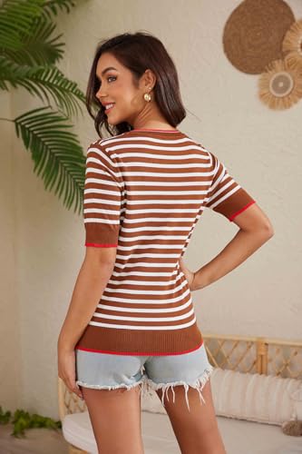 Image of Womens Tops Summer Short Sleeve Shirts Striped Sweater Cute Casual Top Trendy Women Clothing Crewneck Knit Blouses