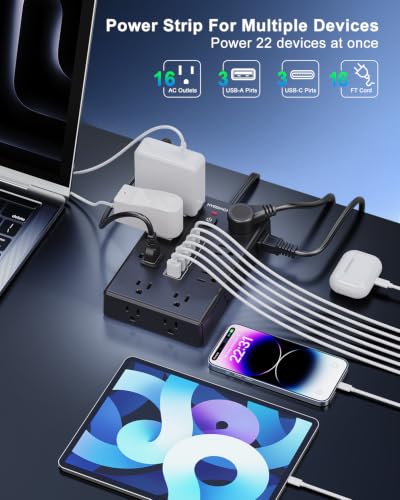 Image of Surge Protector Power Strip with 16 AC Outlets 6 USB Ports(3 Type C)