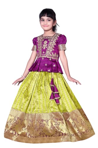 Image of Wommaniya Impex New south Indian traditional pattu pavadai Jecquard Lehenga choli for girls dress