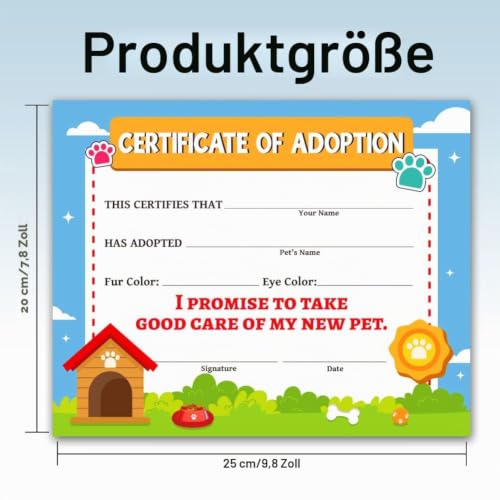Doodlream 30 Stück Haustier Adoptionszertifikat Papier 25 x 20cm Blanko urk unden papier für Welpen Oder Katzen für Tierheime und Tieradoptionszentren