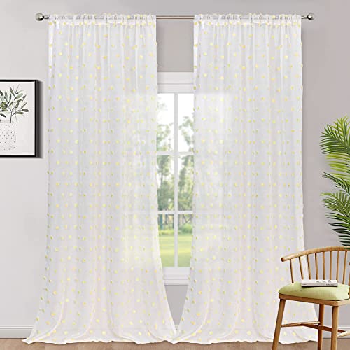 Image of MYSKY HOME Yellow Pom Pom Sheer Curtains for Living Room 108 Inch 2 Pieces | Mustard Curtain, for Nursery Sliding Door, Light Filtering, Rod Pocket, Semi Sheer Window Panels, 50 x 108 inch
