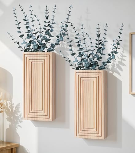 FancyPlus Wooden Wall Planter Vase, 2 Pack Natural Wood Hanging Vases with Fake Eucalyptus for Indoor Modern Boho Farmhouse Wall Art Decor for Home Indoor Kitchen Modern Farmhouse Bathroom