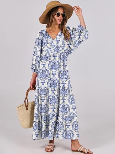 Image of ANRABESS Womens Boho Floral 3 /4 Puff Sleeve Maxi Dress | Tiered Flowy Loose Fit, Comfy Soft Rayon Fabric, Wedding Guest Church Beach, Modest Elegant, Spring Summer Fall Outfits