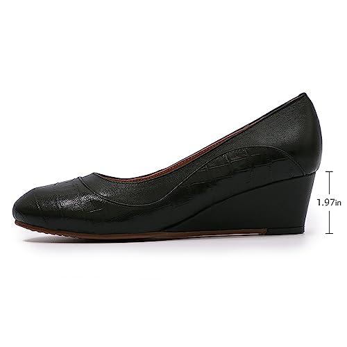 Image of Mona flying Women's Leather Closed Toe Mid Heel Wedges Comfy Dress Pumps