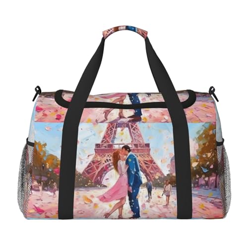 Pink Parisian Couple Duffle Bag Foldable Travel Tote Bag Carry On Large Weekender Overnight Bags Waterproof Gym Bag For Women Men2