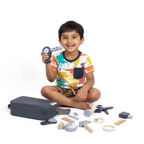 Image of Wudly Wooden Barber Shaving Kit Toy for Kids | Pretend Play Salon & Grooming Set with Scissors, Razor, Comb, Hair Dryer & Bag | Montessori Role Play Educational Toy for Boys & Girls (3+ Years)