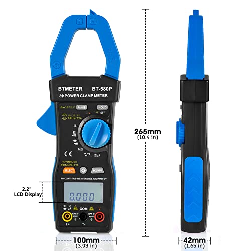 Image of BTMETER 3-Phase True-RMS Power Clamp Multimeter with 9999 Counts, AC /DC Voltage & Amperage, KW /HP, Power Factor, KVA /VAR, Inrush Current & Temperature Test, Electrical Teste 580P