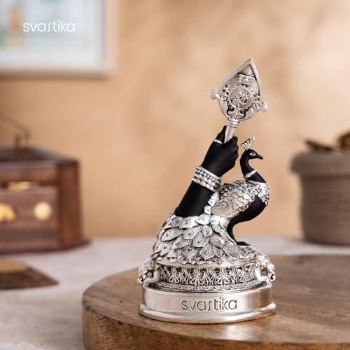 Image of Svastika Vel Mayil Murugan Idol (999 Silver Plated) | Lord Murugan Statue with Peacock | Spiritual Idol for Home Temple, Pooja Room, Car Dashboard & Gift | Decor Murti (5 Inch)