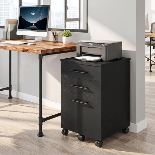Image of HOOBRO 3-Drawer File Cabinet, Wooden Under Desk Filing Cabinet, fits A4 /Letter Size for Home Office, Small Rolling Storage Drawer Chest, Printer Stand with Drawers, Black BK02WJ01G1