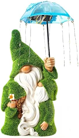 Roundot Garden Gnome Statue - Resin Gnome Parent-Child Sculpture Hod Solar Powered LED Lights Umbrella, Outdoor Decorations for Patio Yard Lawn Porch, Ornament