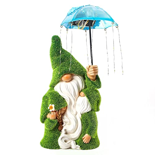 Roundot Garden Gnome Statue - Resin Gnome Parent-Child Sculpture Hod Solar Powered Led Lights Umbrella, Outdoor Decorations For Patio Yard Lawn Porch, Ornament #TOP2