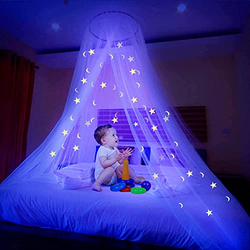Betthimmel mit Fluoreszierenden Sternen und Moon Grow, Dome Anti-Moskito-Moskitonetz, Passend für Baby, Kinder, Mädchen oder Erwachsenenbett Cover
