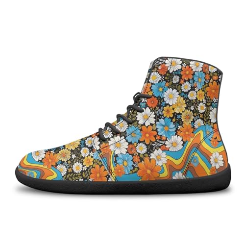 Binienty Men's Hippie Daisy Barefoot Minimalist Shoes Zero Drop Sole Wide Width Toe Box Walking Sneakers Shoes Water Proof PU Leather Cross-Trainer Casual Shoes, US 13.5