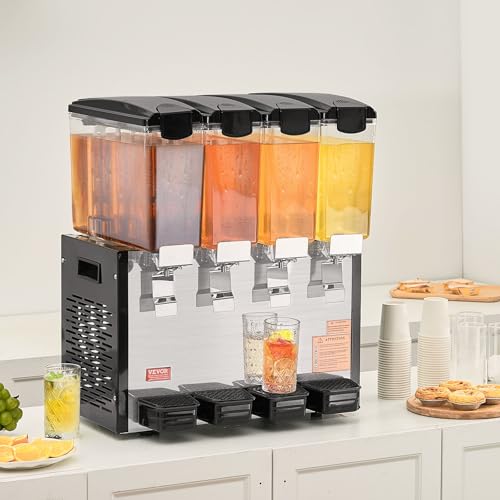 VEVOR Commercial Beverage Dispenser, 4 Tanks Juice Dispenser, 10 L / 10.6 QT Per Tank, 430W Stainless Steel Ice Tea Drink Machine with 45℉ to 54℉ Cooling Temp, for Cold Drink Restaurant Bar Party by VEVOR - Image 8
