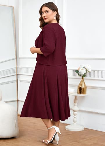 Image of ZOMVA Plus Size Mother of The Bride Groom Dresses for Curvy Women 2 Piece Wedding Guest Dress with Jacket Tea Length