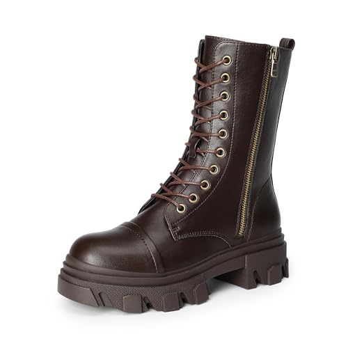 Image of DREAM PAIRS Women's Combat Boots Lace up Mid Calf Boots