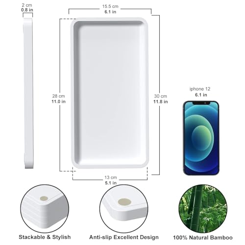Image of Weenson Bathroom Vanity Trays for Countertop Toiletries Decor Candle Perfume Makeup, Kitchen Tray for Soap Dispenser Spice Salt Oil, White Tray for Toilet Tank Coffee Nightstand Set of 2