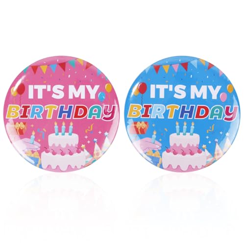 2pcs Happy Birthday Badge Pins, 2.28 Inch Diameter It’s My Birthday Button Pin Boys Girls Brooch Cute Badge for Women Men Gifts Party Decorations Supplies (Pink & Blue)