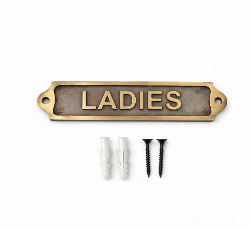 LADIES Antique Effect Door Plaque Sign | Vintage Style Toilet Washroom Bathroom Door Sign with Raised Lettering | Metal Wall & Door Name Plate with Fixing Screws | 21.5 x 4.5 cm | LADIES