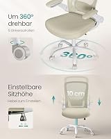 SONGMICS Bürostuhl ergonomisch, Drehstuhl mit Mesh, Lenden- und Kopfstütze, Wippfunktion, 53 cm große Sitzfläche, klappbare Armlehnen, Arbeits- und Schlafzimmer, Studenten, haferflockenbeige OBN037K02 – Ansicht 8