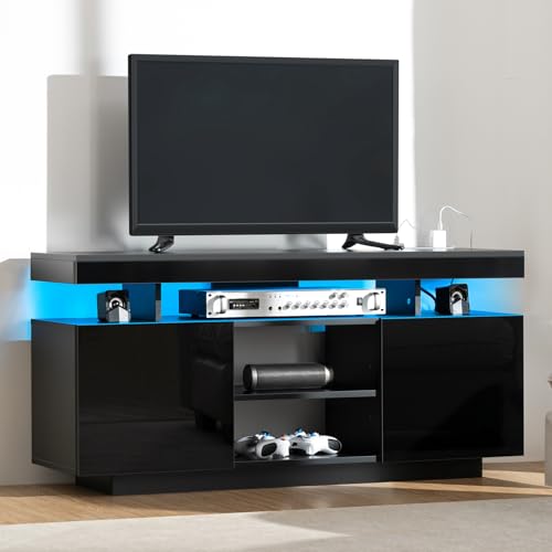 HOMMPA LED TV Stand for 55/50/43/40/32 inch TV Modern Entertainment Center with Power Outlets, Gaming TV Consoles with Storage Media Table with LED Lights Game Cabinet for Living Room Black