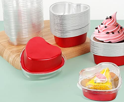 Aluminum Foil Cupcake Cup With Lids (40 Packs,3.4Oz) Heart Shaped Cake Pans - Disposable Mini Cupcake Cup Flan Baking Cups For Valentine Mother's Day Wedding Xmas Birthday #TOP4