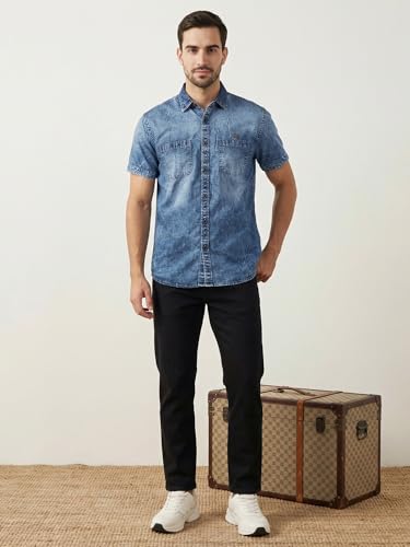 Image of Kuons Avenue Men's Stonewash Denim Shirt | Half Sleeve | Regular Fit | | Double Pocket Solid Denim Shirt