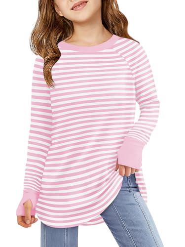 Haloumoning Girls Striped Thumb Hole Long Sleeve Shirts Kids Crewneck Tunic Tops Curved Hem Tees 5-14 Years