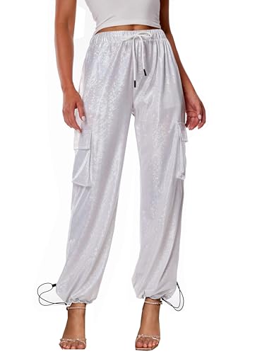 heipeiwa Women's Sequin Sparkly Wide Leg Cargo Pants Party Club Drawstring Ankle Cuffs Hiking Jogger Pant Silver