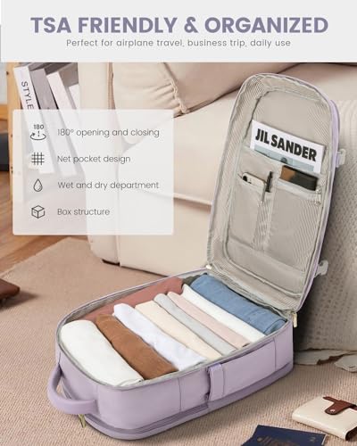 Image of LOVEVOOK Travel Backpack For Women, 40L Carry On Backpack Flight Approved, TSA Personal Item Travel Bag Fits 17 Inch Laptop, Business Weekender Overnight Waterproof Daypack With 2 Cubes, Light Purple