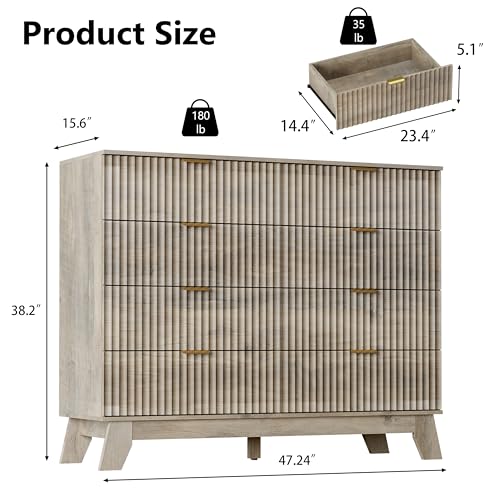 Image of Grey Dresser 8 Drawer Dresser for Bedroom, 47''W Fluted Wooden Dresser Storage Cabinet and Chest of Drawers with Metal Handle, Storage Organizer for Living Room, Hallway, Entryway, Gray