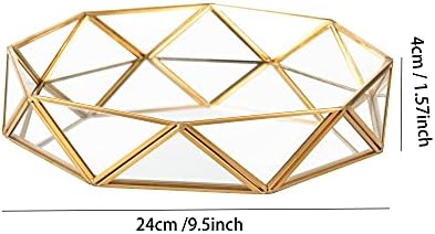 Feyarl Gold Glass Mirrored Tray Perfume Tray Make up Vanity Tray Jewelry Display Organizer Tray Ornate Cosmetic Tray Decorative Tray for Home Decor Dresser Tabletop (9.5Inch/24cm)