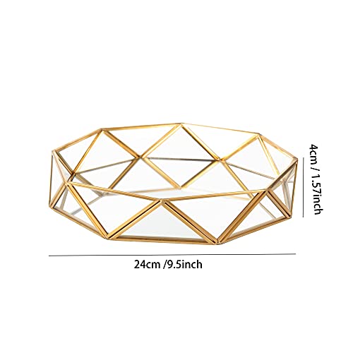 Feyarl Gold Clear Glass Mirror Makeup Vanity Tray Jewelry Organizer Ornate Octagonal Shape Cosmetic Perfume Display Decorative Tray For Home Decor Dresser Tabletop Countertop (9.5 Inch) #TOP1