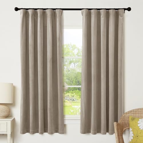 Image of RYB HOME Camel Beige Velvet Curtains with Hook Tape, Thermal Insulated Privacy Protect Decorative Drapes for Home Theater, W 52 x L 72 inches, 2 Panels Set | Thermal Insulated, Privacy UV Heat Blocking, Luxurious Drapes, Nursery Dormitory Bathroom, W52 x L72, 2 Panels Set