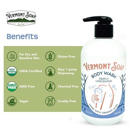 VERMONT SOAP Body Wash, Natural Body Wash with Shea Butter, Mild Gel Body Wash for Moisturizing and Soothing Skin, Fragrance Free Body Wash for Women & Men (Simply Unscented, 12oz)