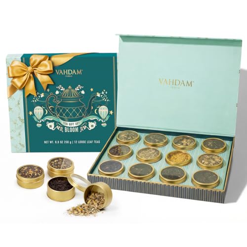 VAHDAM, Bloom - Assorted Tea Gift Set (12 Loose Leaf Tea) Tin Caddy Presentation Box |...
