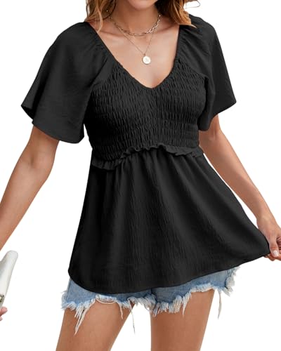 HEYTALALA Women's Summer Peplum Tops Ruffle Trim Short Sleeve Casual V Neck Smocked Blouses Dressy Shirt4